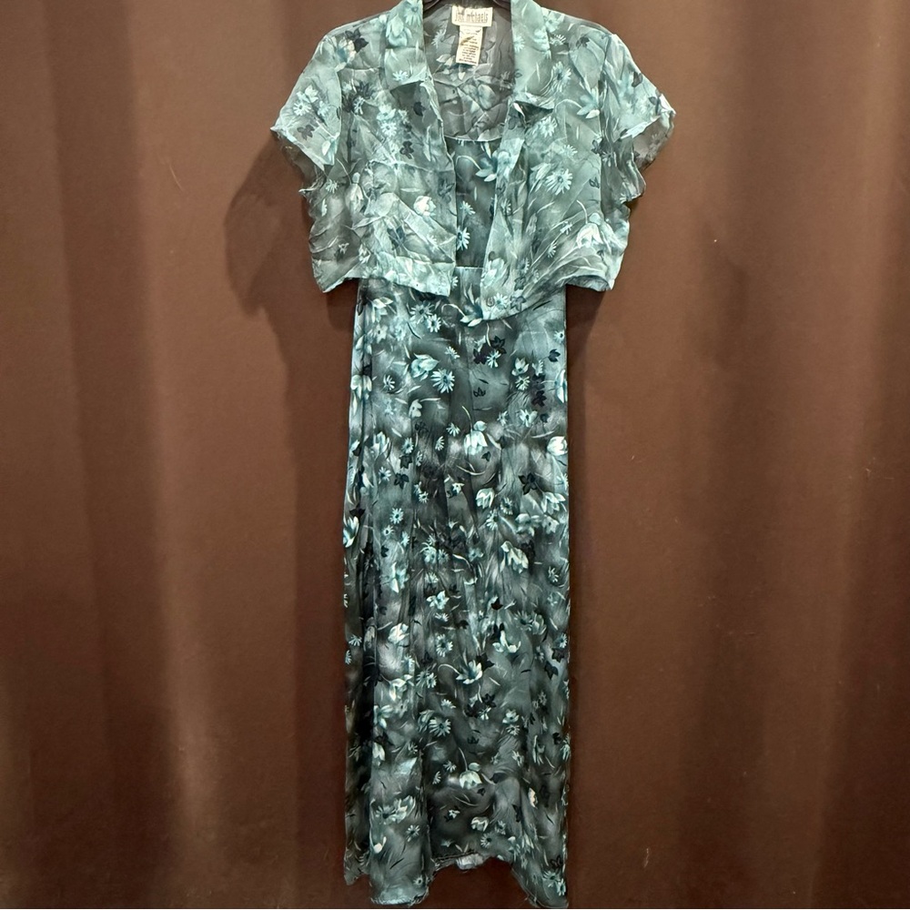 Y2K Jodi Michaels Blue Floral Maxi Dress w/Sheer Short Sleeve Cover, Size 13/14